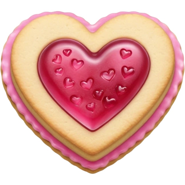 Realistic shortbread cookie in the shape of a heart with pink jelly emoji
