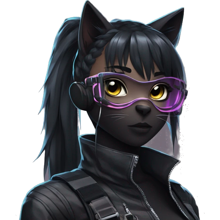 Gorgeous cyberpunk ponytail dark techwear anime style anthro black cat furry with blushing face aesthetic and pretty edgy black with collar and harness trending style emoji