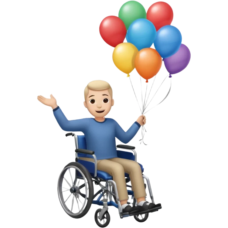 Persona in sedia a rotelle appesa a dei palloncini emoji