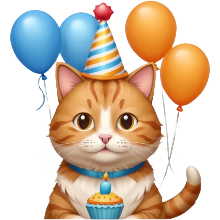 has al gatito tom con globos, un cono de fiesta y un pastel emoji