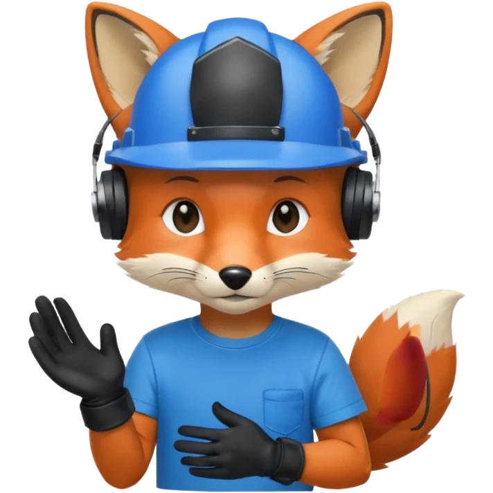 лисенок в каске синей и киней футболке и черных перчатках слушает музыку emoji