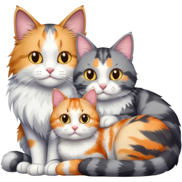 big grey and white cat cuddling a colourful light patched calico + white tabby cat emoji