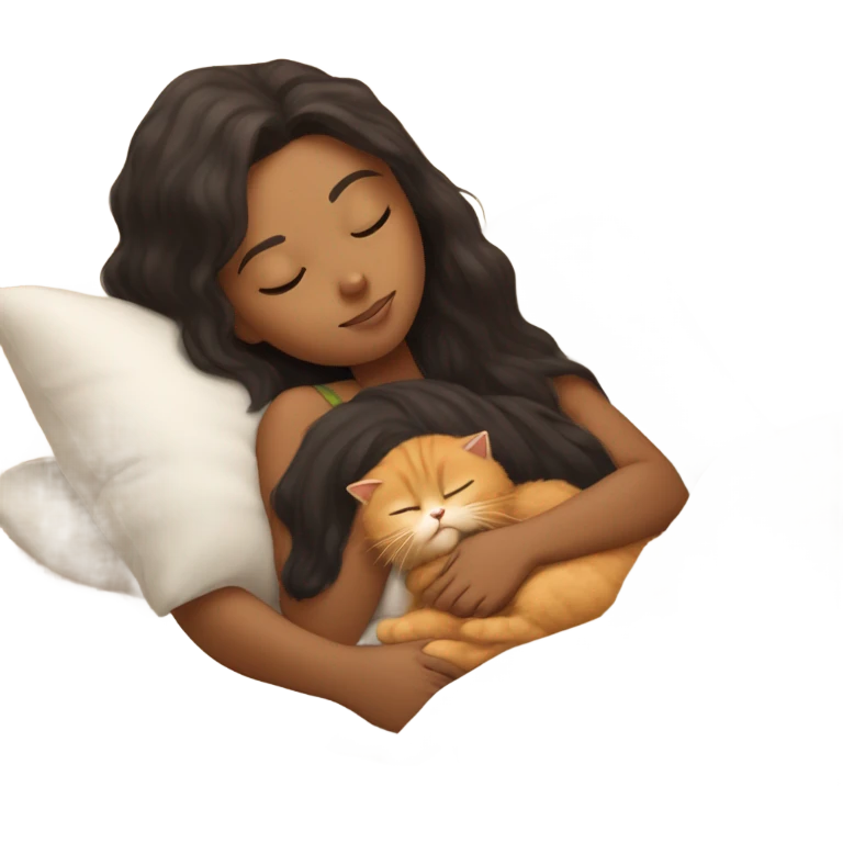 light brown girl brown-ish black hair sleeping with ginger persian fluffy kitty emoji