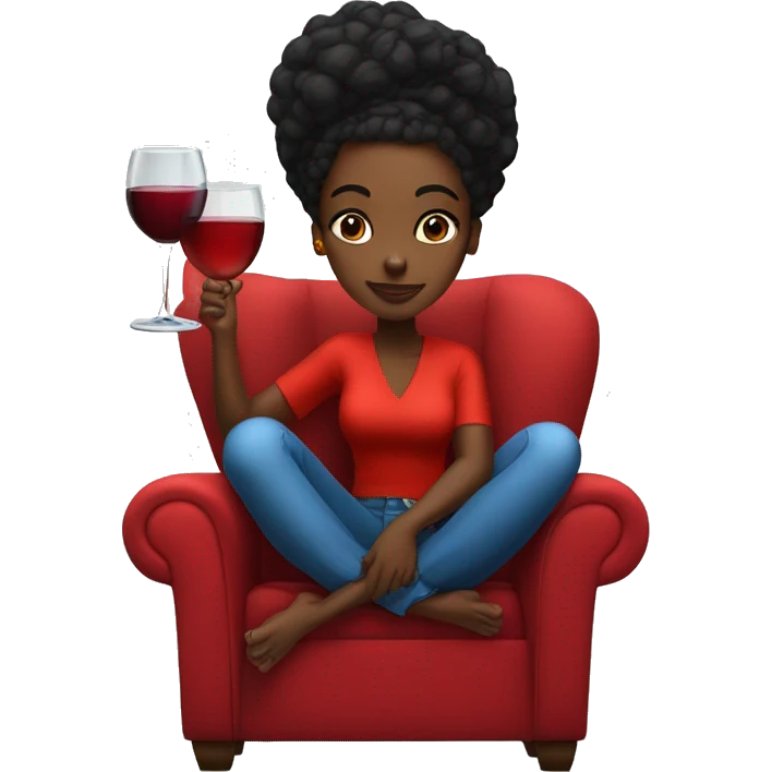 black girl sitting cross-legged on big red throne chair with glass of wine in hand emoji