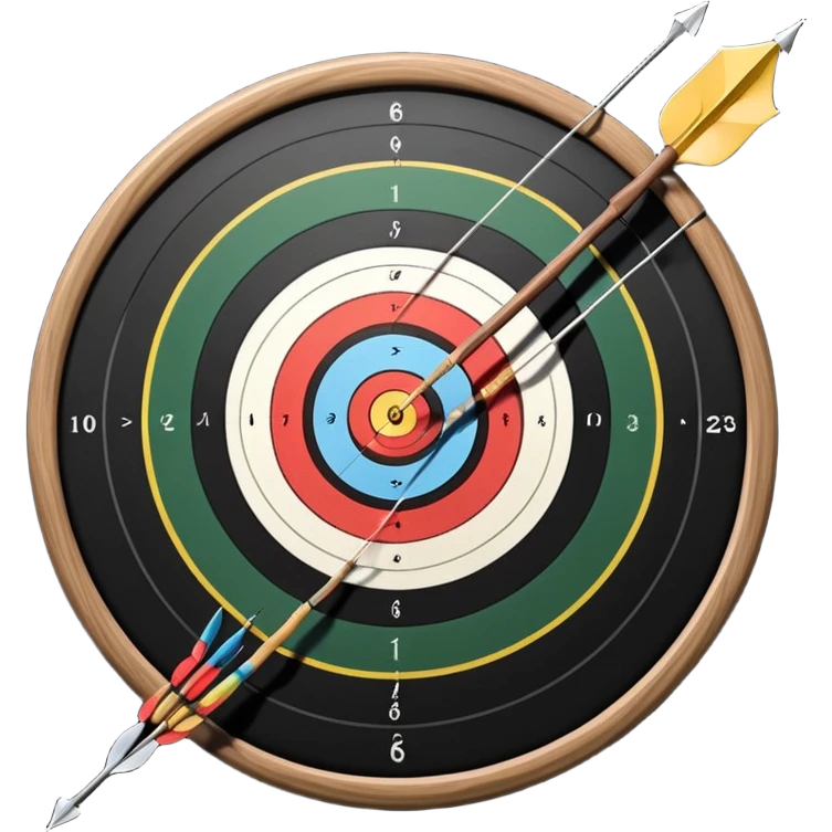 A professional recurve bow with an arrow nocked, ready to be released. The target features concentric rings, placed at a distance. The emphasis is on the bow, arrow, and target, highlighting the precision, focus, and skill involved in competitive archery. emoji
