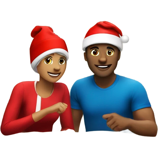 Sports emoji couple, man and woman in sportswear, sitting at the New Year's dinner table with a red Christmas hat emoji
