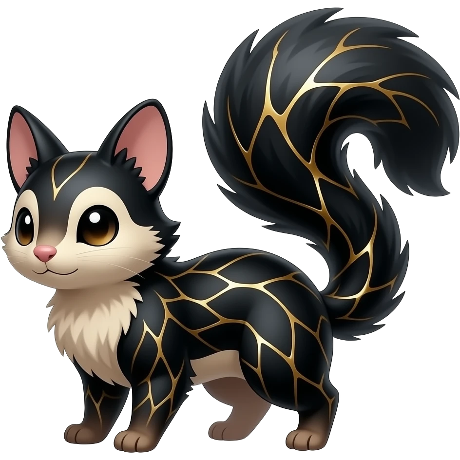 Hyper realistic obsidian fur etched with molten gold fault-lines and dark mirror shine beautiful elegant pretty precious cute Fakémon-Pokémon-opossum-feline-serval-caracal-chinchilla-Furret-Minccino-hybrid-creature with a big fluffy bushy tail (full body) emoji