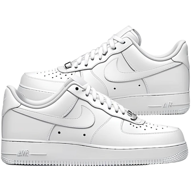 Two white Nike Air Force 1 shoes arranged with the second shoe behind the first, pure white colorway, iconic Nike swoosh, minimalist design emoji