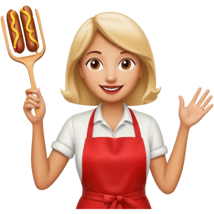 A cheerful woman selling hotdogs, waving a tongs in one hand. emoji