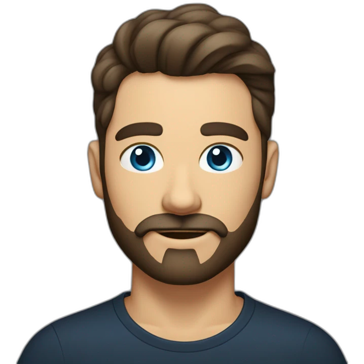 White man with a sun kissed tan and blue eyes. His hair is dark brown, styled sideways backwards. He has a beard and mustache trimmed. Wears a black t-shirt, Apple pencil behind his ear. emoji