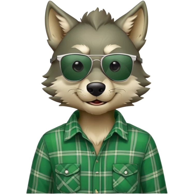 friendly anthropomorphised wolf in green plaid shirt and green attire for St. Patrick's Day, wearing dark sunglasses, upright pose emoji
