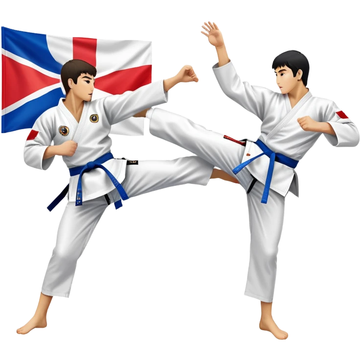 Two taekwondo fighters in a competition arena, one performing a high spinning kick towards the opponent’s head, while the other blocks with a precise guard. The background features a dynamic, bright arena with flags, emphasizing speed and agility in the martial art. Transparent background  emoji