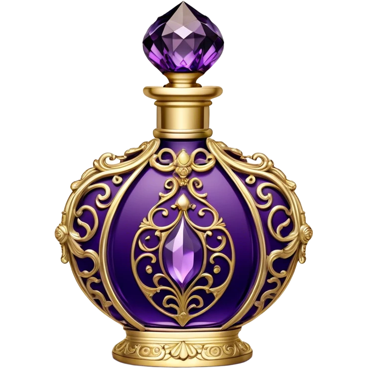 A luxurious French vintage-style perfume bottle in deep purple, with an ornate crystal stopper and intricate gold filigree detailing. The bottle has an elegantly curved shape, reminiscent of classic 18th-century perfume designs. It sits atop a delicate lace-covered vanity table, surrounded by pearls and antique silver accessories. Soft candlelight casts a warm, romantic glow, highlighting the rich texture of the glass and metallic accents emoji