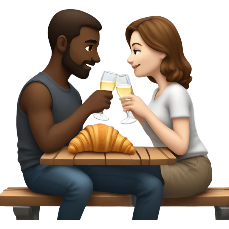 couple with white skin people and brown hair, sitting closely on a park bench, enjoying a romantic moment. One person is holding a croissant, and the other is holding a glass of Prosecco.  emoji