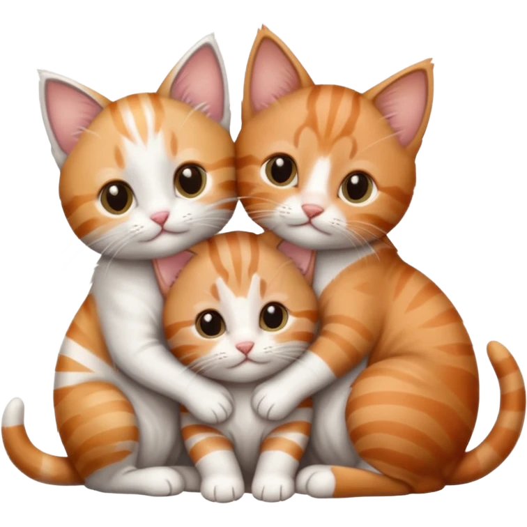 3 tiny kittens cuddling together all different colours, the first one is grey and white, the second is ginger and white and the third is brown tabby and white emoji