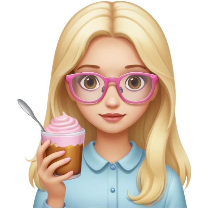 a girl with long lashes, long blonde hair, light pink glasses, holding a pudding emoji