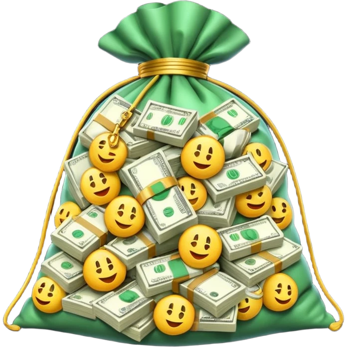 Luxury 3D emoji, overflowing money bag, stacks of cash, premium lighting, rich glossy look, ultra clean, transparent background


 emoji