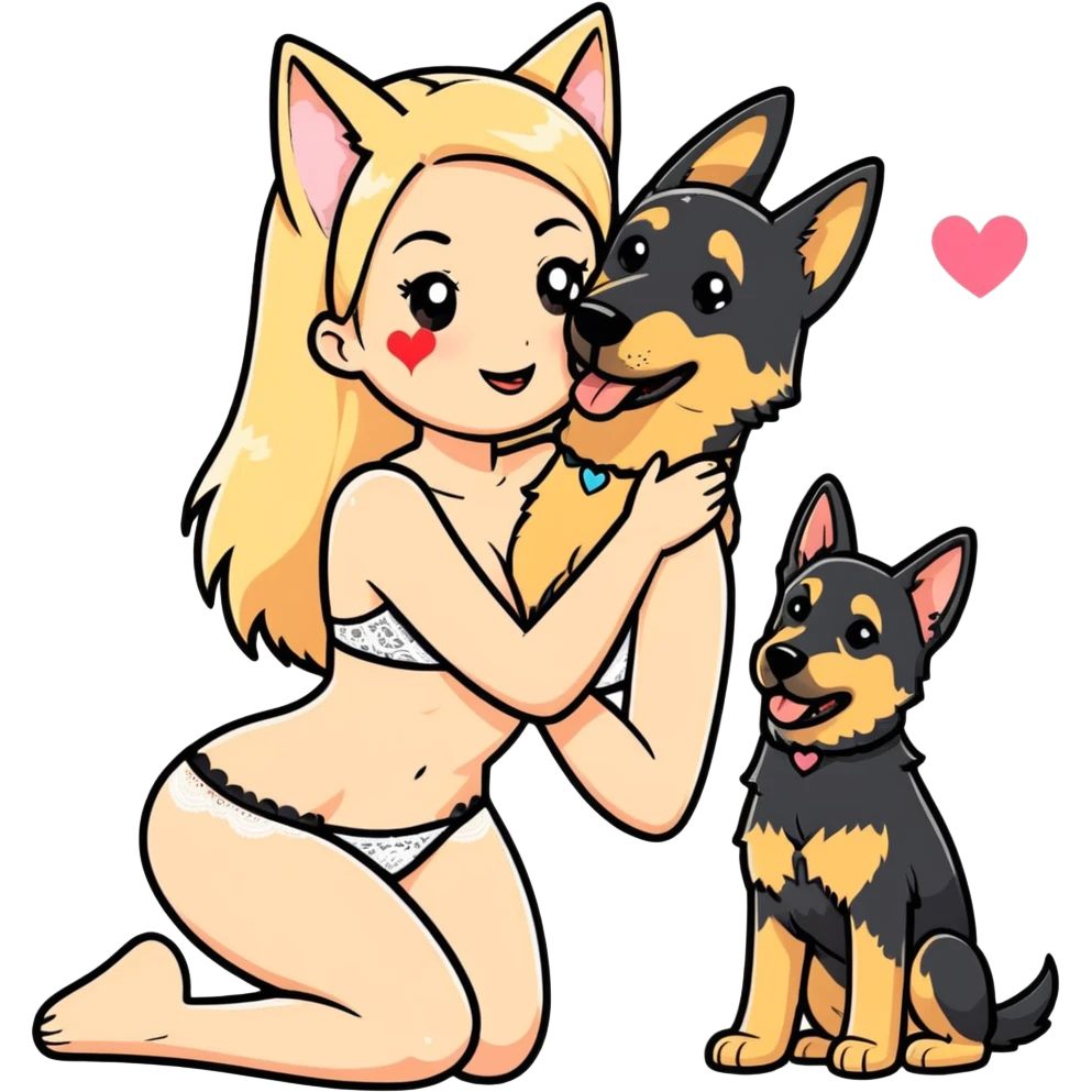 petite blushing subby blonde human woman white lace bikini romance with large German shepherd hearts emoji