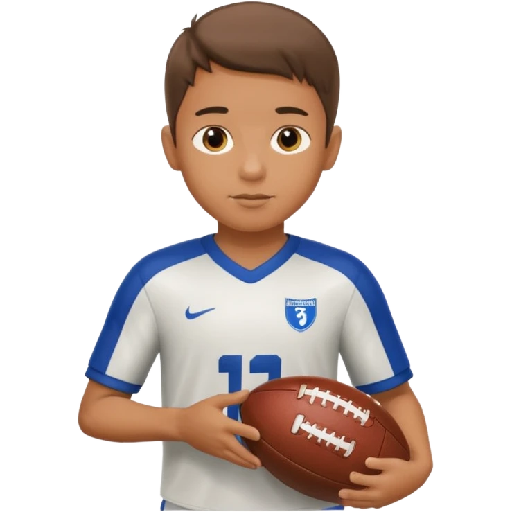 a boy having a football ball next to his hand wearing a football jersey emoji