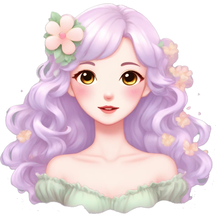 Gorgeous pastel anime style lady with blushing face and flower petals cottagecore fairycore pastelcore shiny colorful pearly petite simplistic aesthetic trending style emoji