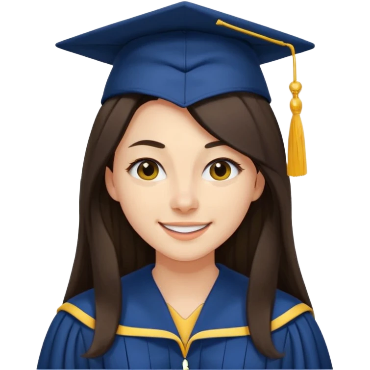 带着学士帽的，深棕色长发，黄种偏白皮肤的，高鼻梁，不戴眼镜的女博士生，在单只眼眨眼并开朗的笑，年龄26岁，学士服是深蓝色和黑领子， emoji