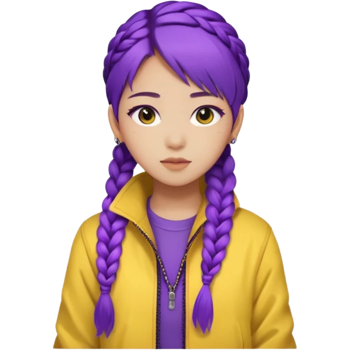 kpop hunters Rumi purple hair asian, yellow jacket and hair one large braid emoji
