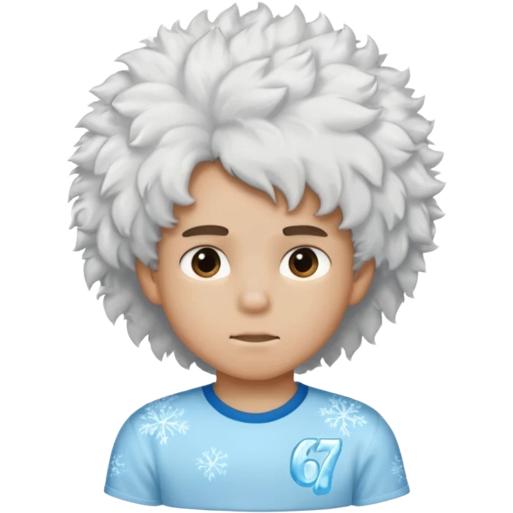 A boy with fluffy hair and an ice design on shirts with a shirt saying “ 67 “ emoji