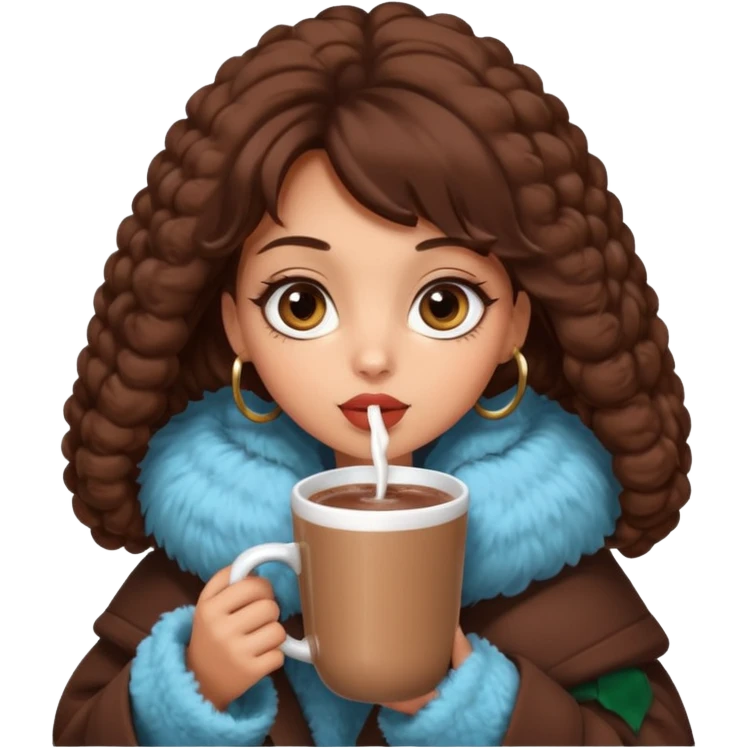 Tanned Girl with lashes , brown hair, in an extremely big fluffy oversized coat and hold hot chocolate drink and big eyes, big lip emoji