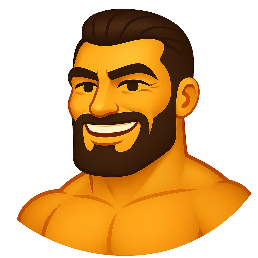 Create a gigachad emoji inspired by the reference image of a muscular man with a chiseled jawline and confident smile, in the style of apple emojis. The emoji should be simplified and expressive, capturing the essence of the apple emoji style. emoji