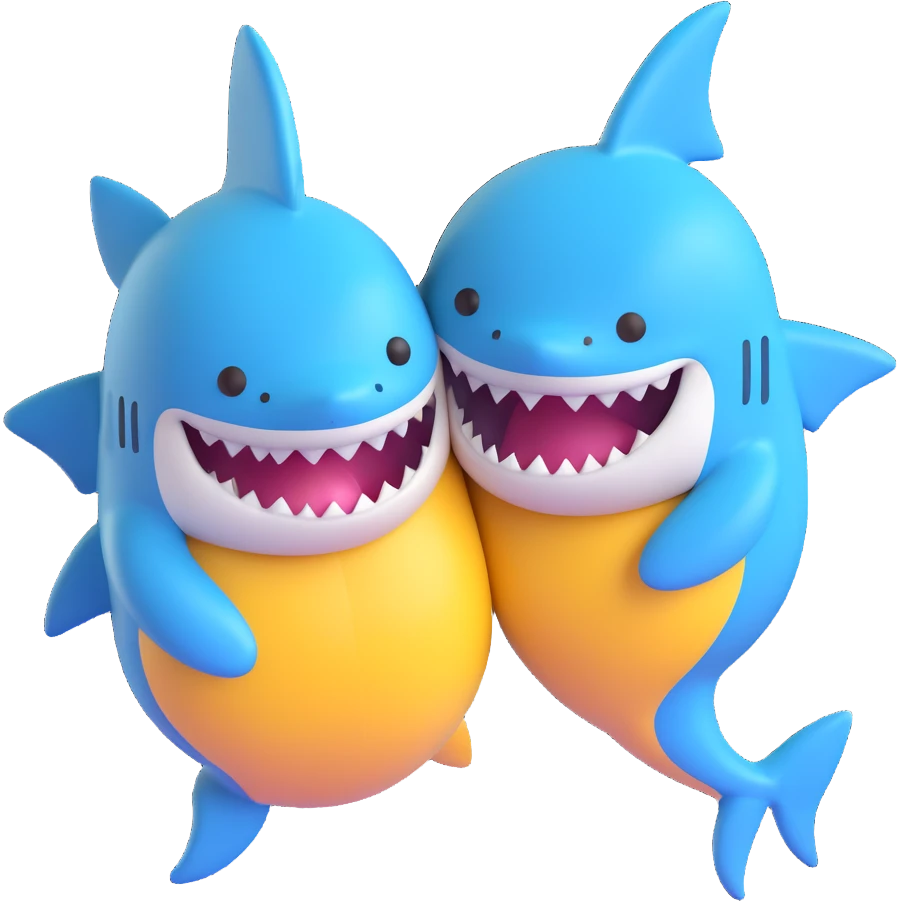 two sharks hugging, 3D emoji style emoji