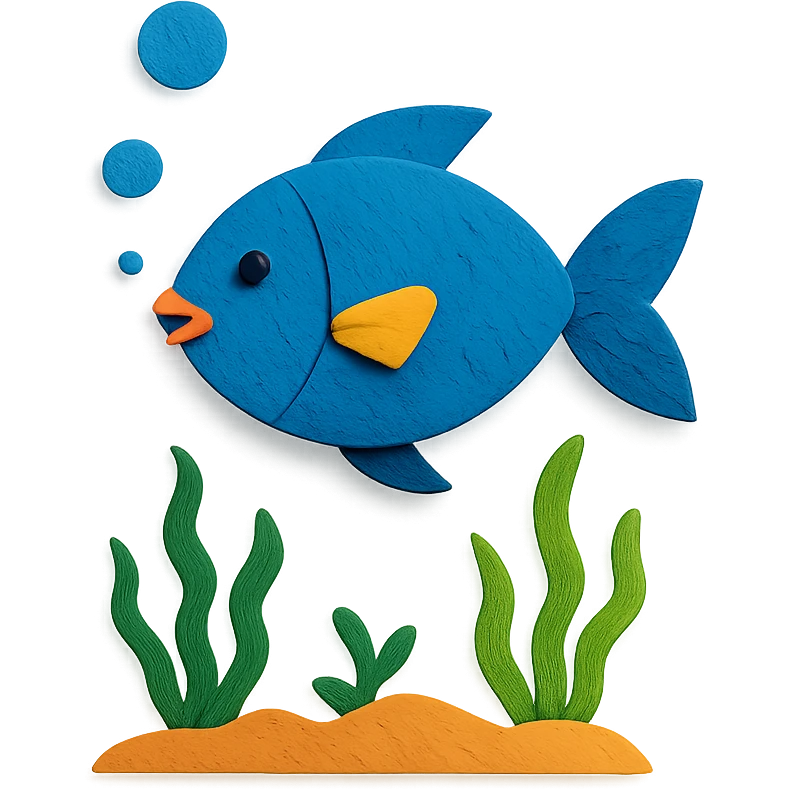 underwater ocean scene with fish, seaweed, and bubbles in vibrant colors in paper-craft style emoji