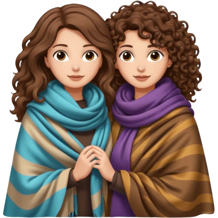 star blanket scene — long wavy brown hair tattooed woman and short tight curly brown hair woman — sharing oversized scarf blanket emoji