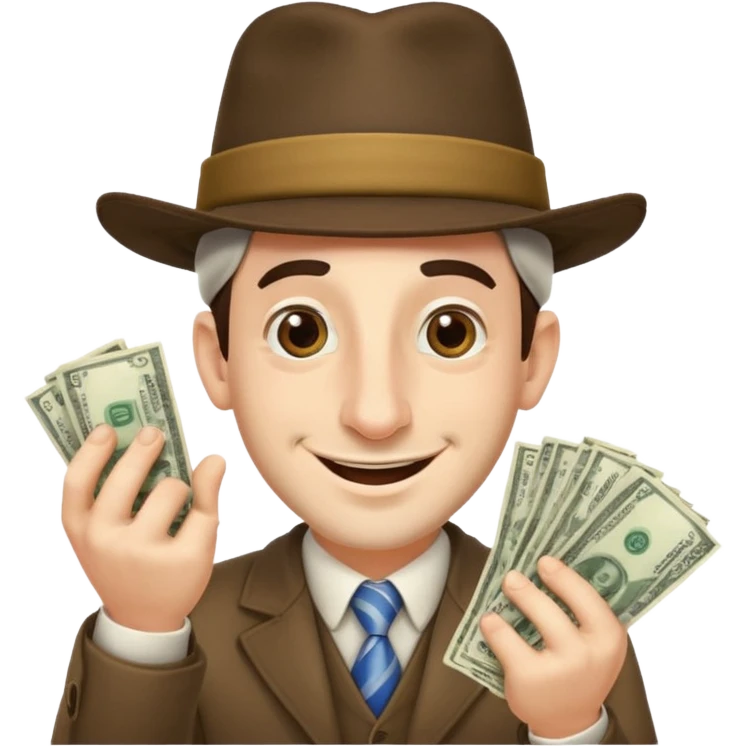 Jewish man with a big nose having his hands clenched together while smiling when he sees money , add the side curls and the funny hat , add the side curls please c emoji