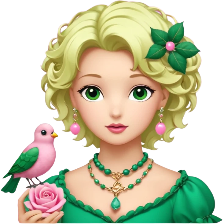 un oiseau classique vert avec un collier avec des breloque argentées et un poil blond qui fait une petite bouclette sur le front et à côté un oiseau rose avec le même collier mais en doré et un cheveu marron et les deux se regardent emoji