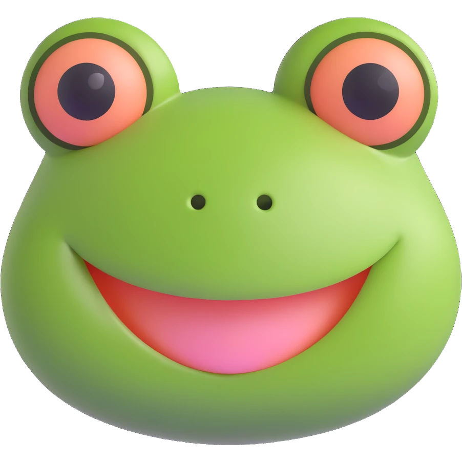 3D emoji style frog face, smiling, cheeks slightly blushed, simple and cute emoji