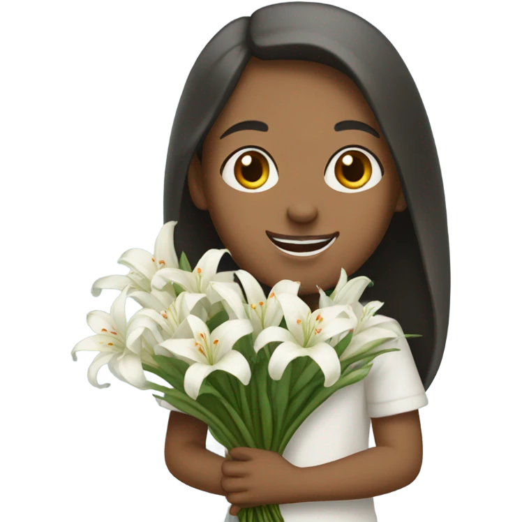 a blind girl holding a bunch of white lily smiling emoji