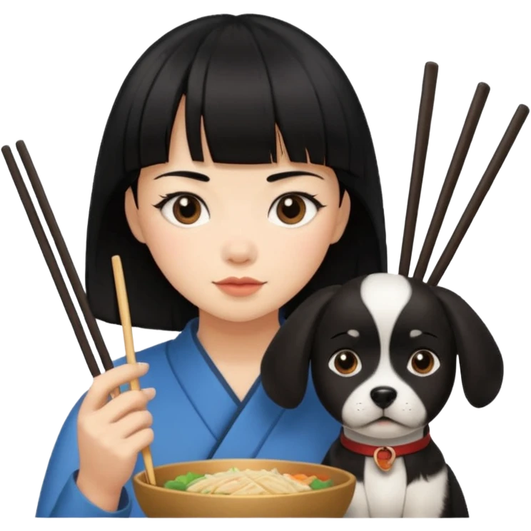 Person with black hair and bangs holding chopsticks next to dog emoji