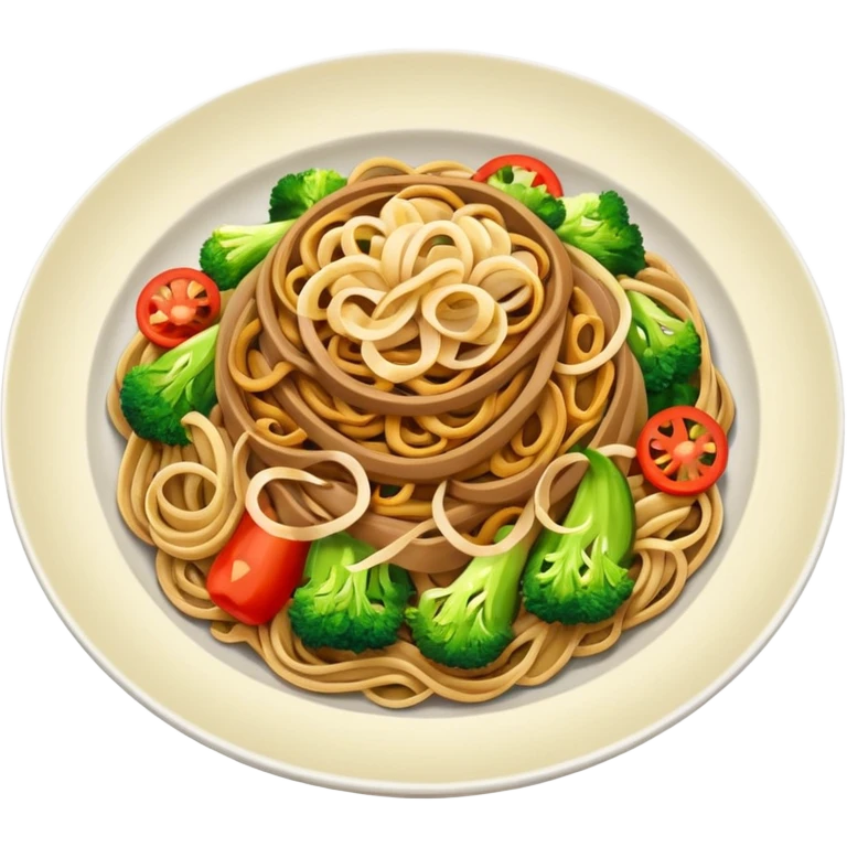 Illustrate stir-fried noodles with vegetables & soy sauce on a plate emoji