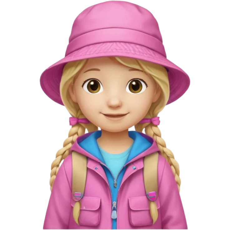 Little girl kid student, long braid blonde, wears pink bucket hat and jacket, backpack, happy emoji