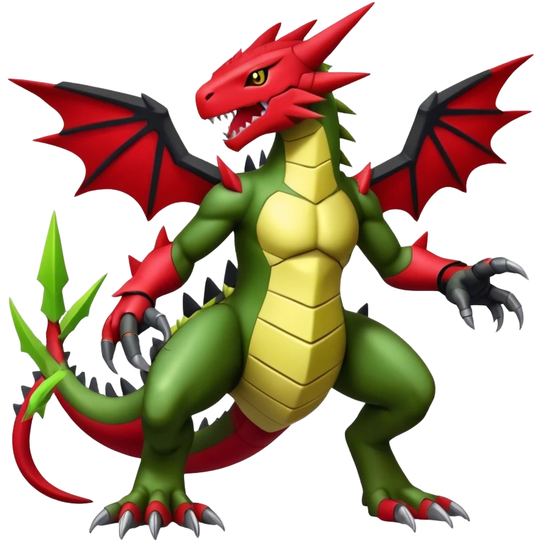 Cool edgy shiny Guilmon-Flygon-Tyranitar-Digimon-hybrid-fusion, yellow belly, full body emoji