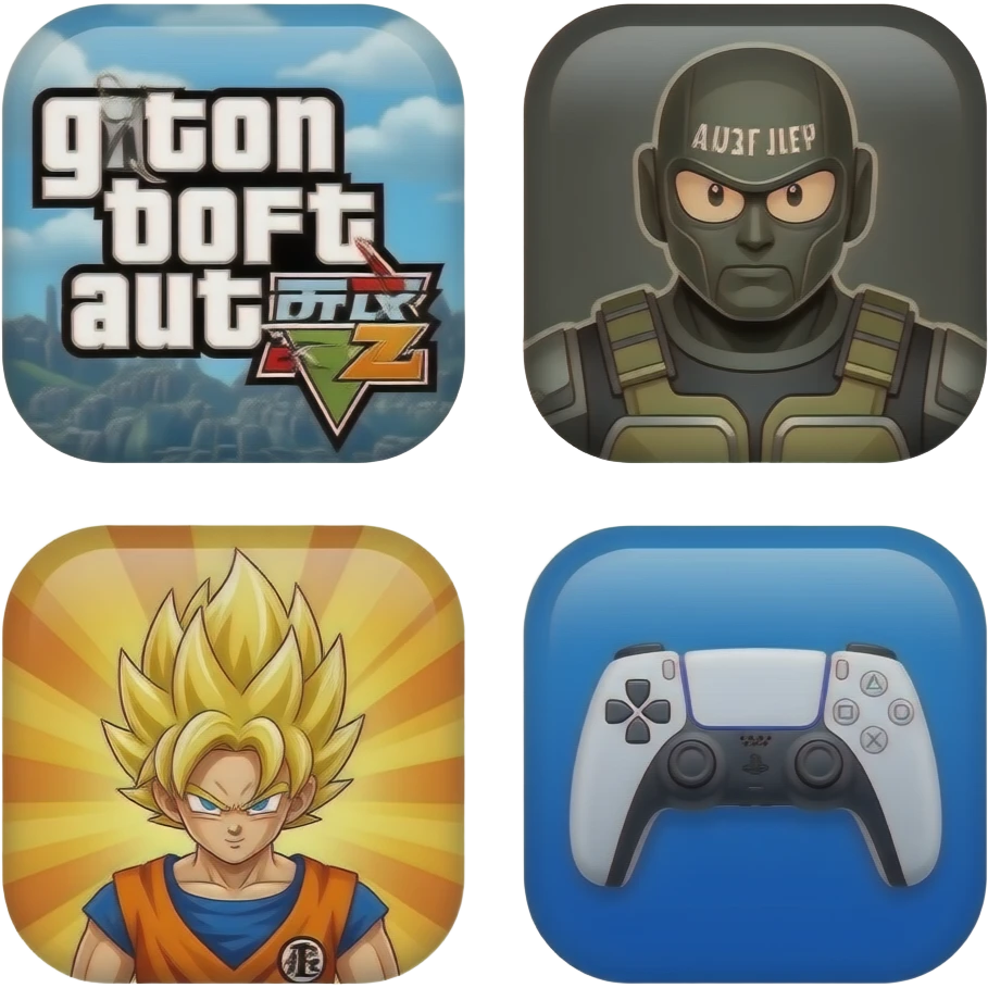 icone avec a l interieur des icone de jeu gta call off duty et dragon ball z et une mannette ps5 devant emoji