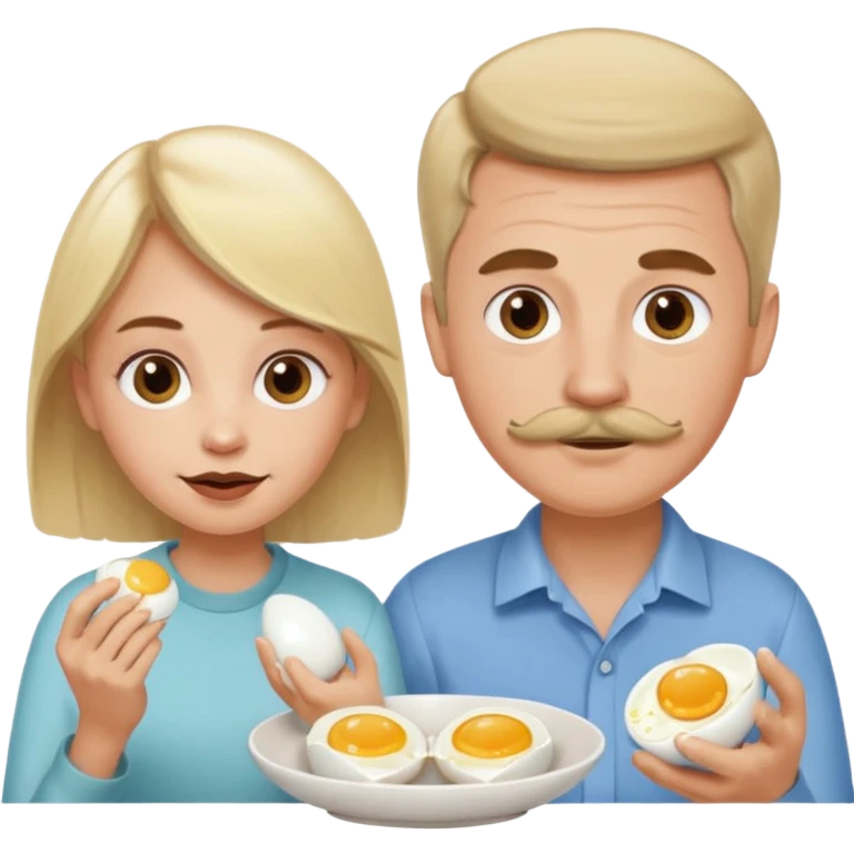 White blonde girl and white man with brown thin hair and brown mustache eating eggs  emoji