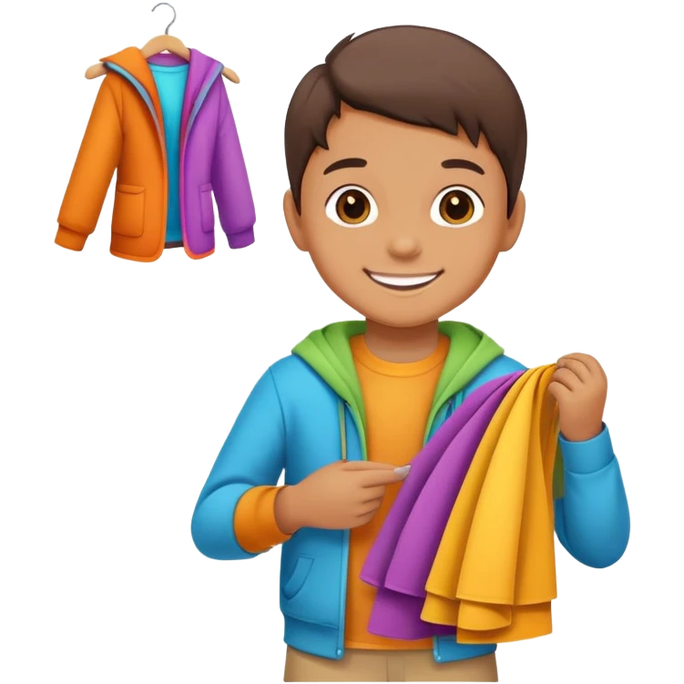 child folding colorful clothes, smiling, organized emoji