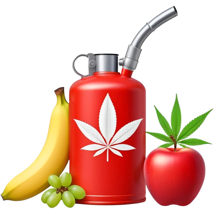 bright red gasoline canister surrounded by a banana, an apple, grapes, and a cannabis leaf, red fuel can with fruits and marijuana leaf arranged around it emoji