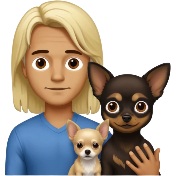 Hombre con pelo largo rubio su pareja chica de pelo castaño oscuro y un chihuahua negro emoji