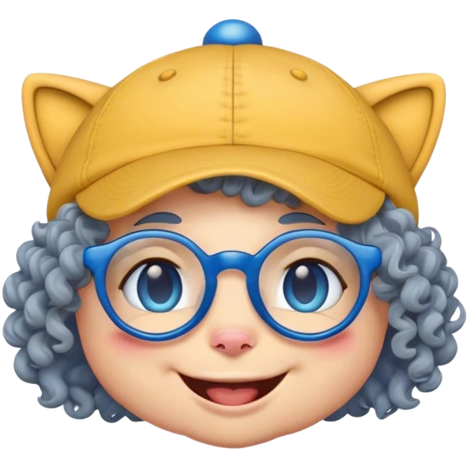 yellow female smiley face emoji, big smile, winking, wearing a backwards blue ball cap, grey curly hair, cat eye glasses, no eye colo emoji