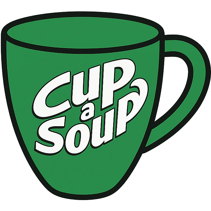 green cup with Cup A Soup logo, clear branding, simple background, icon style emoji