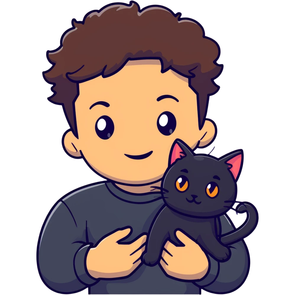 young male with brown light skin, slightly curly hair, holding a black cat emoji