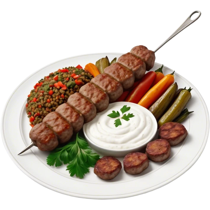 Cinematic Realistic image of a long, hand shaped Turkish Köfte, rendered with richly spiced meat textures and subtle grill marks, artfully arranged on a traditional Turkish ceramic plate alongside classic sides such as a serving of aromatic pilaf, crisp grilled vegetables, and a dollop of creamy yogurt, all bathed in warm, appetizing lighting that emphasizes its savory allure. emoji