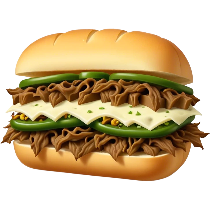 Chicago Italian cheesy beef sandwich. Italian bread, shredded beef, white provolone cheese, green peppers. emoji